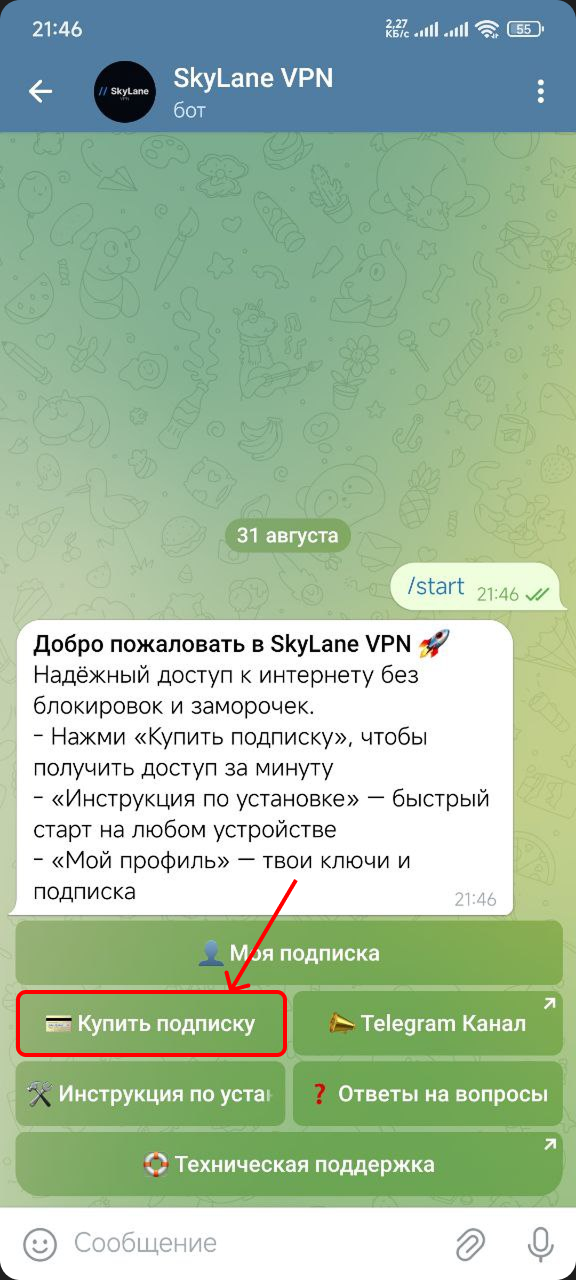 Получение ссылки в Telegram-боте SkyLane