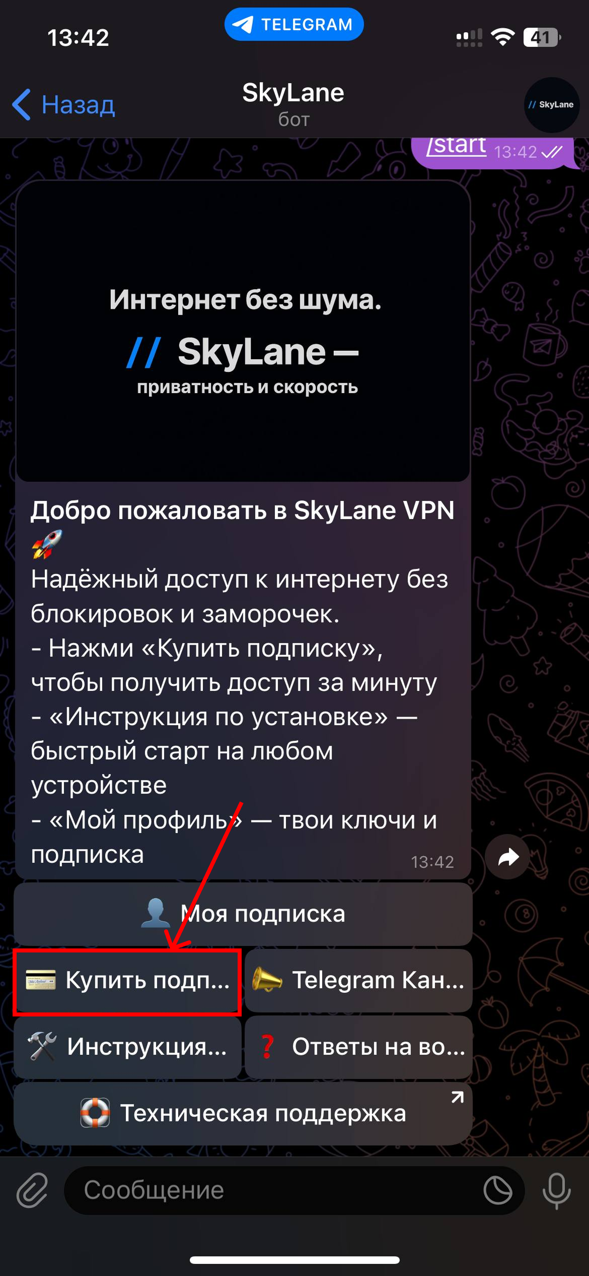 Получение ссылки в Telegram-боте SkyLane